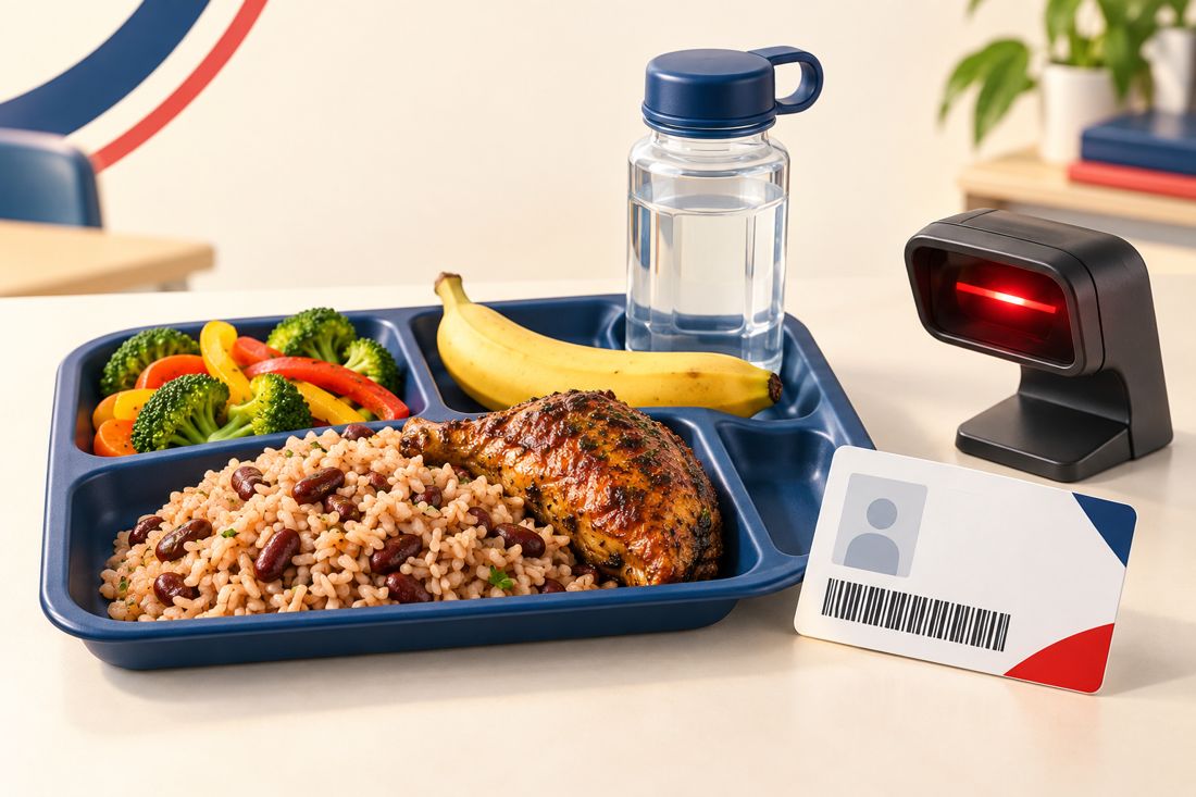 Illustration of a lunch tray with rice, chicken, vegetables and fruit beside a generic identification card and barcode scanner